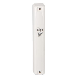 Picture of Plastic Rectangle Mezuzah Case White Designed with Raised Silver Shin 20cm